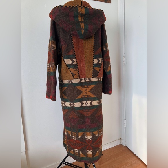 Vintage 80s 90s Southwestern Hooded Wool Blanket Coat / Wool Duster Coat - Picture 9 of 16